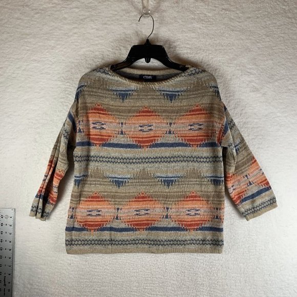 Chaps Sweater Women's Medium Aztec Geometric Cotton Knit Boat Neck Western 7744 - Picture 1 of 7